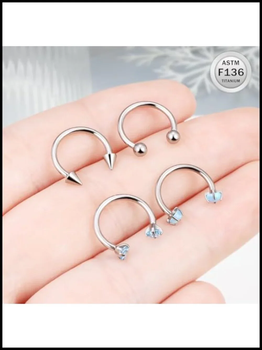 Titanium Horseshoe Nose Ring 16G Internally Threaded Septum Ring CZ Opal